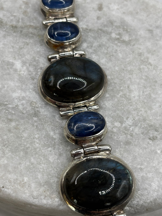 Vintage 925 Sterling Silver Labradorite And Kunzite Chunky Bracelet