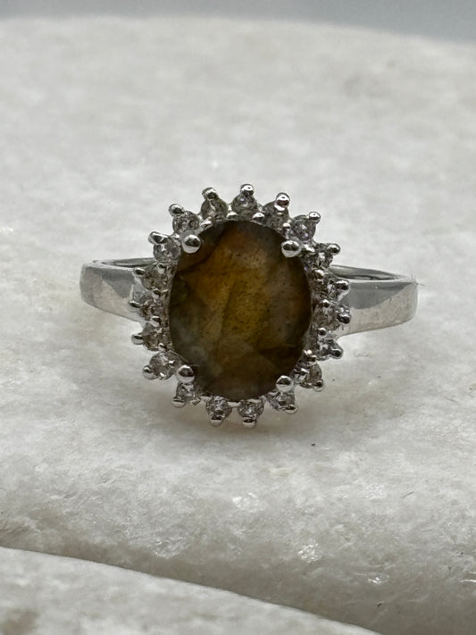 925 Sterling Silver Labradorite and White Topaz Halo Ring - Size M
