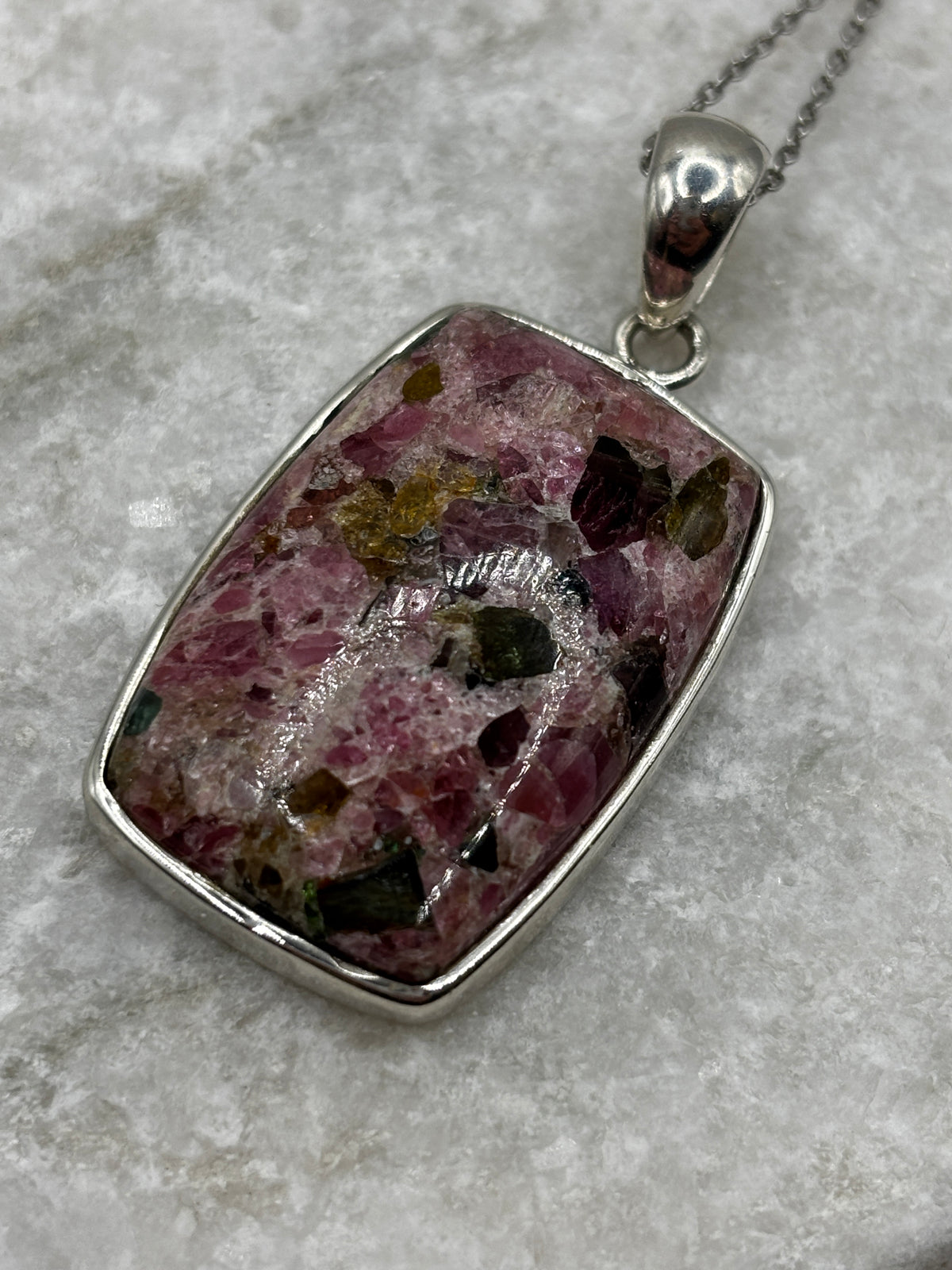 925 Sterling Silver Large Mosaic Pink Tourmaline Pendant on 45cm Chain