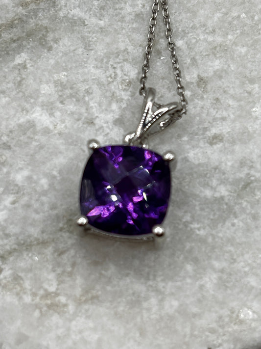 925 Sterling Silver Amethyst Square Pendant on 45cm Chain