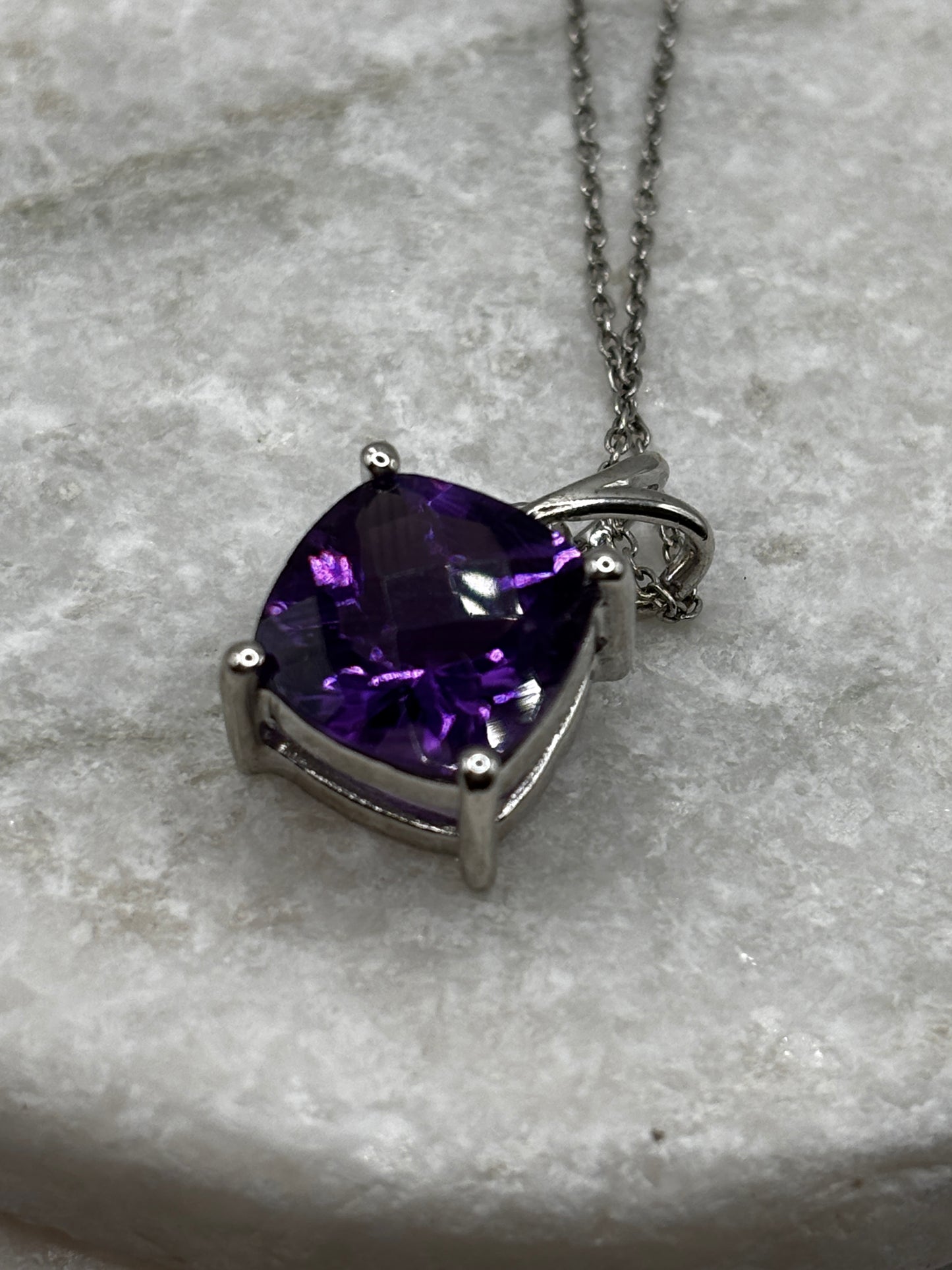 925 Sterling Silver Amethyst Square Pendant on 45cm Chain