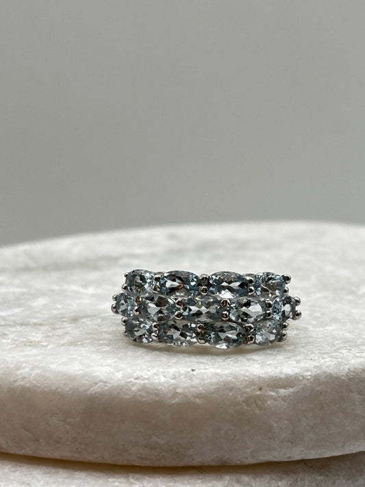 925 Sterling Silver Aquamarine Three Row Cluster Ring - Size