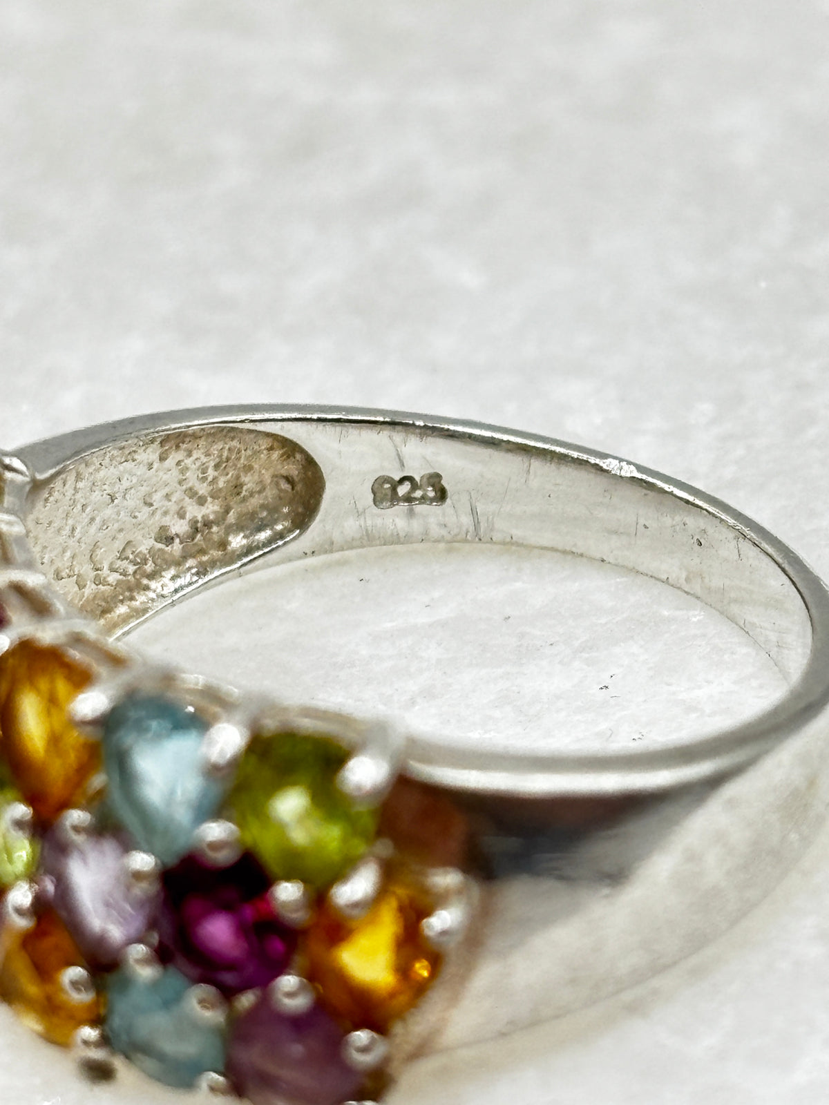 925 Sterling Silver Gem Set Cluster Ring with Amethyst, Topaz, Garnet, Citrine, Peridot - Size Q.5