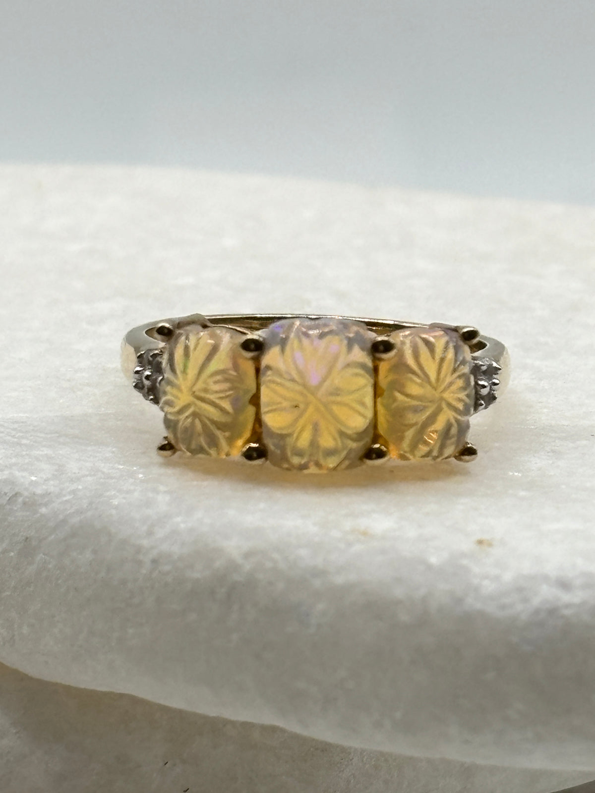 925 Sterling Silver Gilded Floral Carved Opal and White Topaz Trilogy Ring - Size S