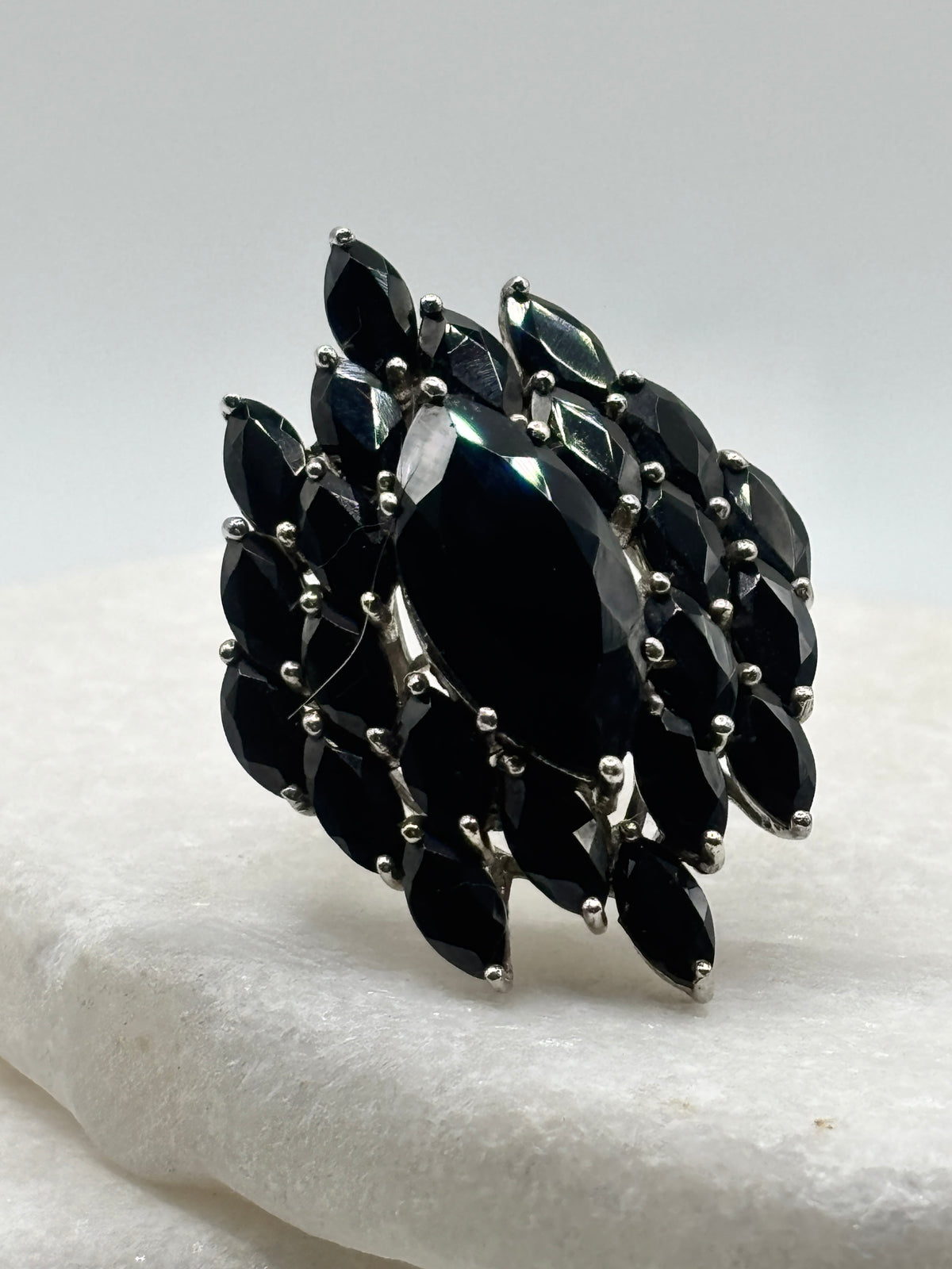 925 Sterling Silver Black Spinel Large Statement Cluster Ring - Size Q.5