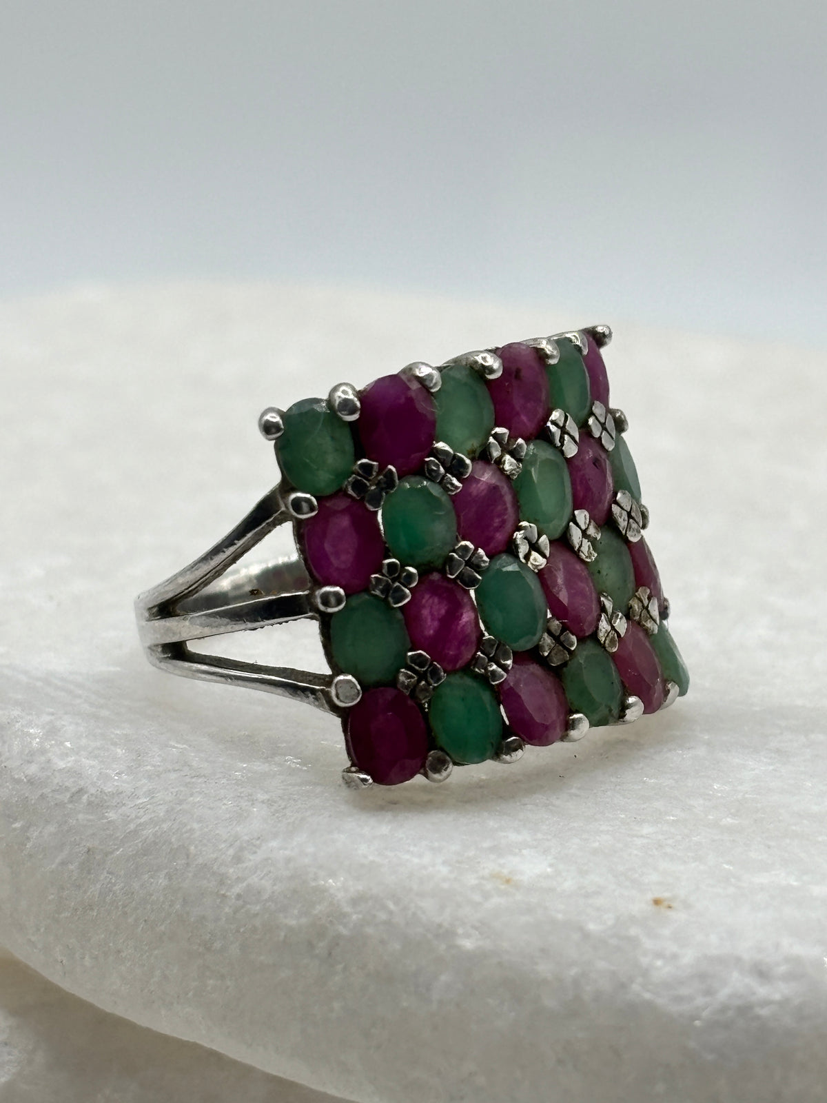 925 Sterling Silver Square Ruby and Emerald Statement Ring - Size N.5