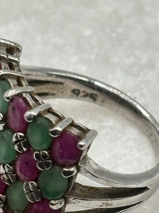 925 Sterling Silver Square Ruby and Emerald Statement Ring - Size N.5