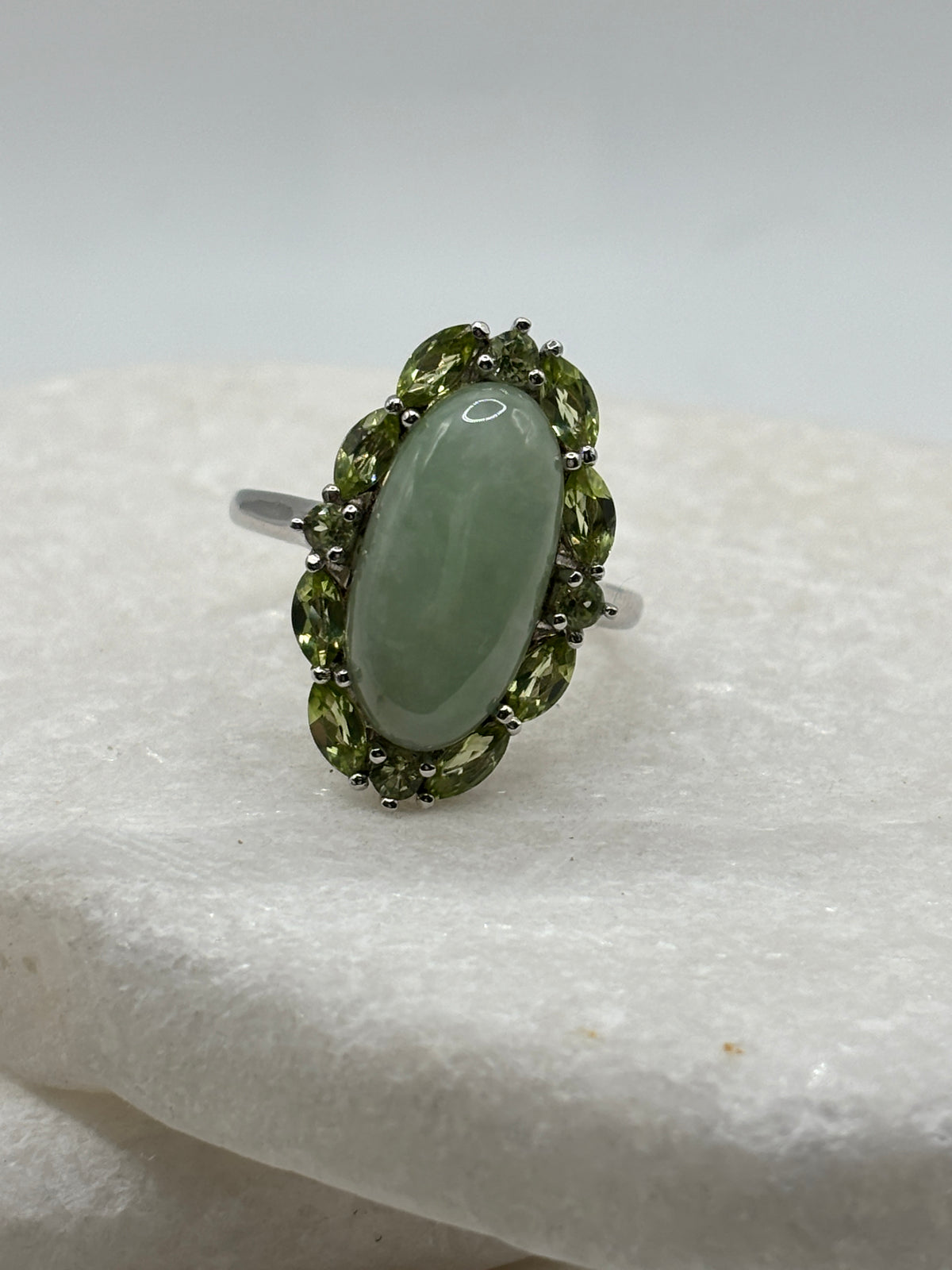Vintage Peridot and Jade Halo Ring - Size P.5