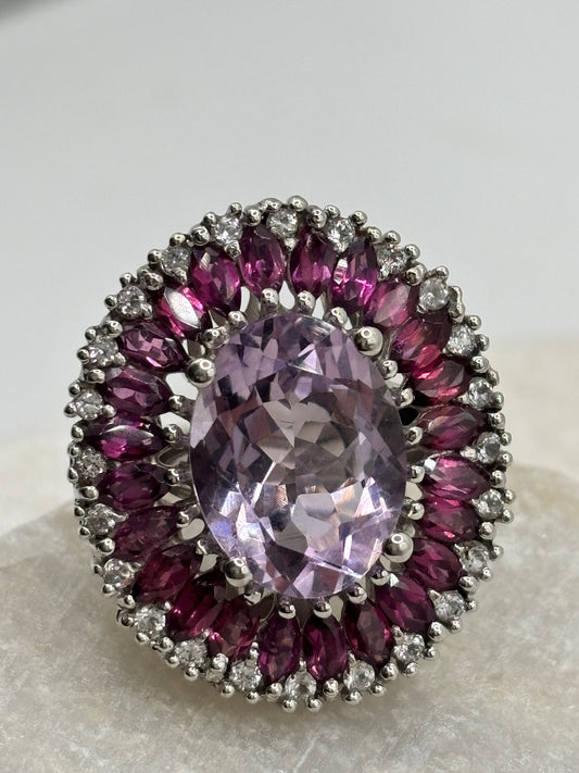 Vintage 925 Sterling Silver Amethyst and Pink Tourmaline Large Statement Halo Ring - Size K