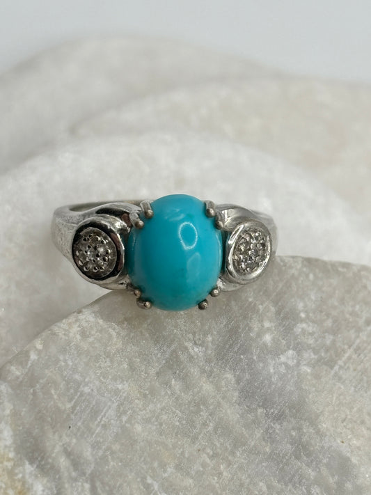Vintage 925 Sterling Silver Turquoise and Diamond Accented Statement Ring - Size Q