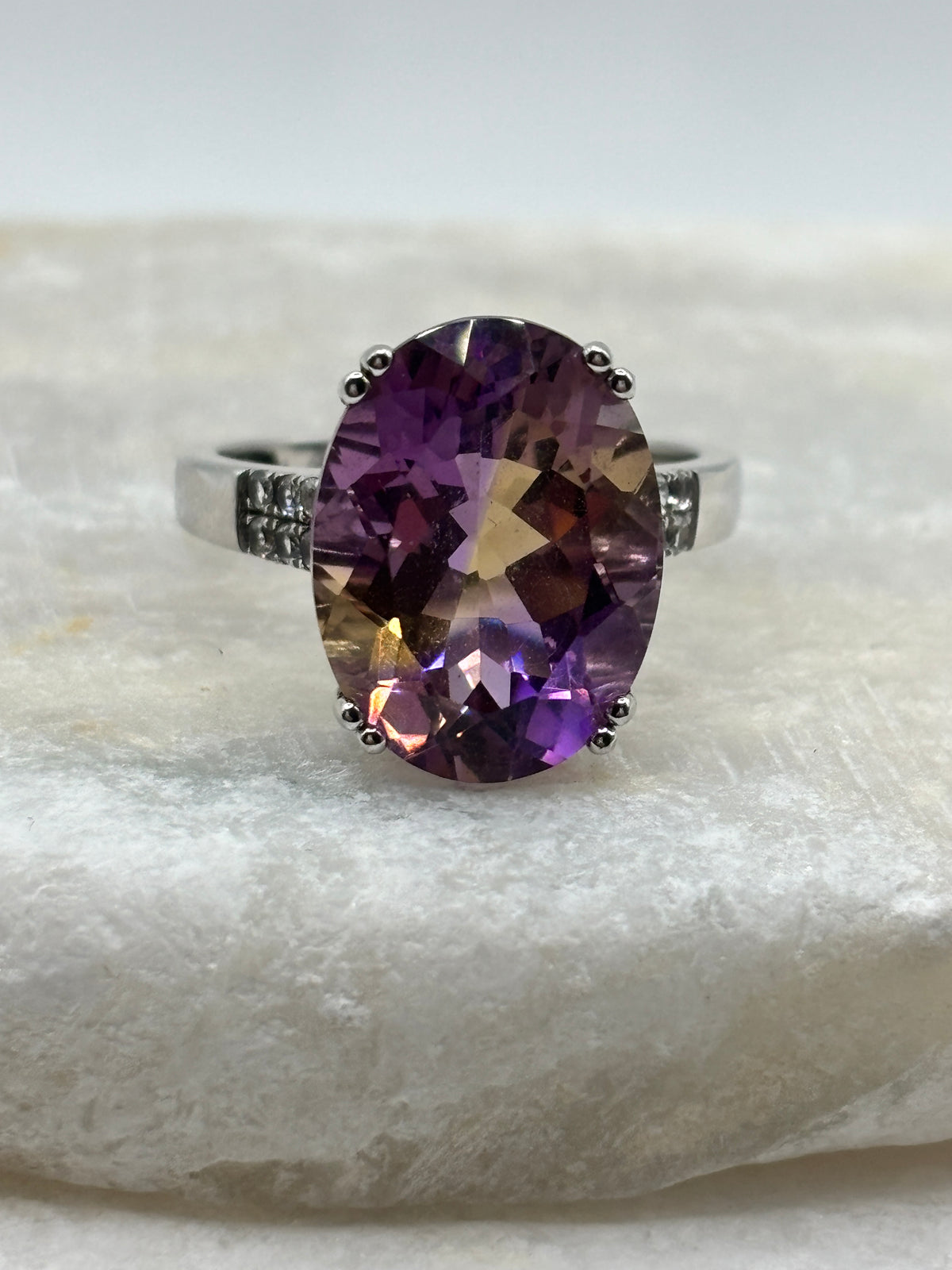 925 Sterling Silver Genuine Ametrine and White Zircon Statement Ring - Size Q