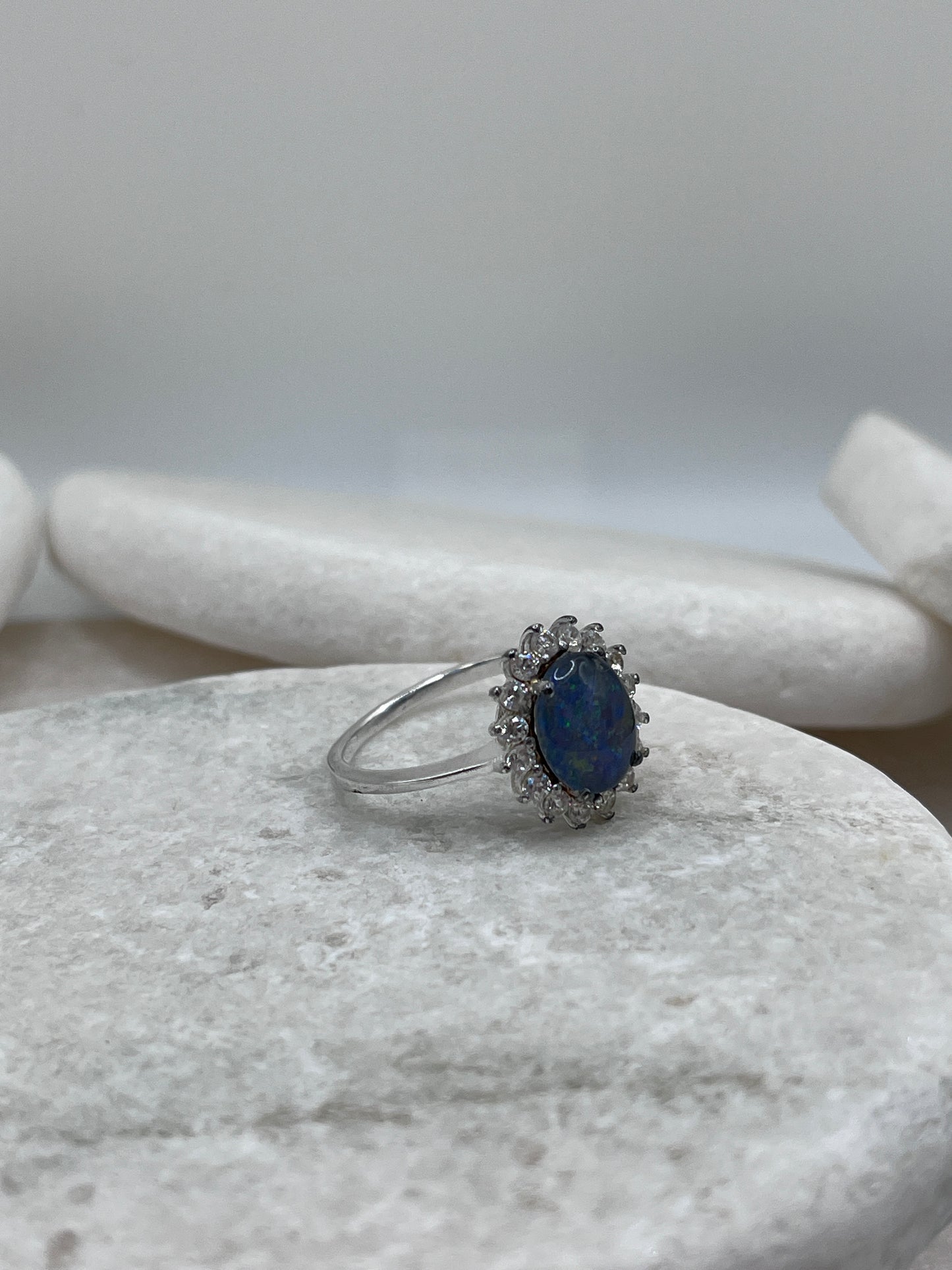 925 Sterling Silver Boulder Opal White Topaz Halo Ring Size R