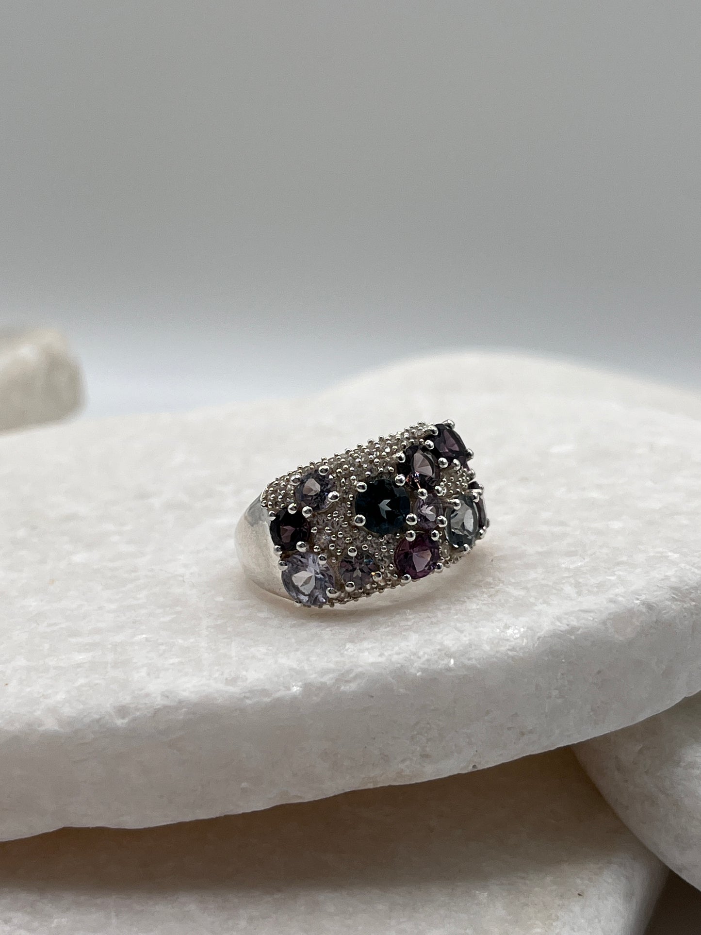 925 Sterling Silver and White Zircon Multicoloured Spinel Ring - Size L