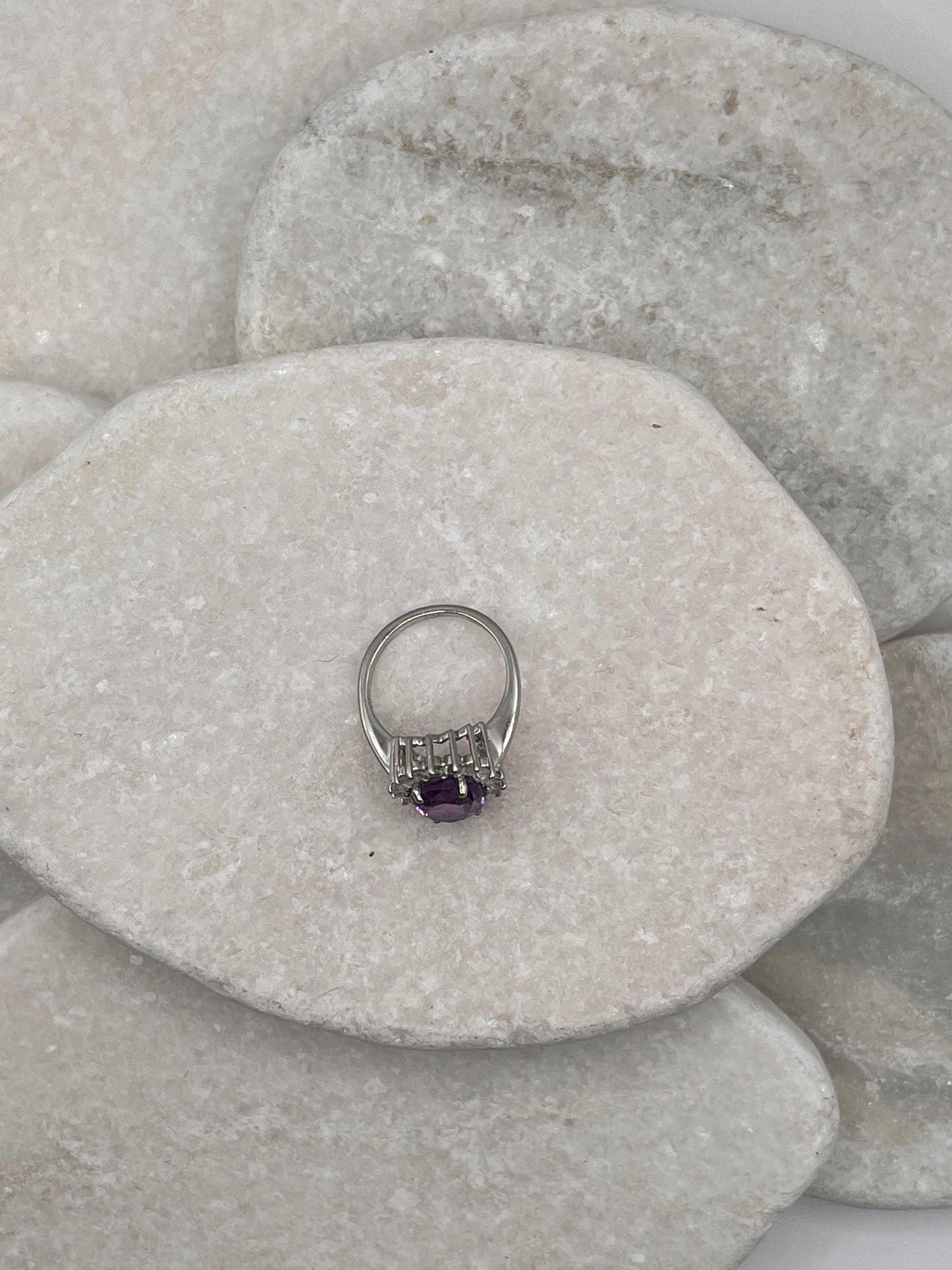 925 Sterling Silver Amethyst And White Topaz Halo Ring Size K