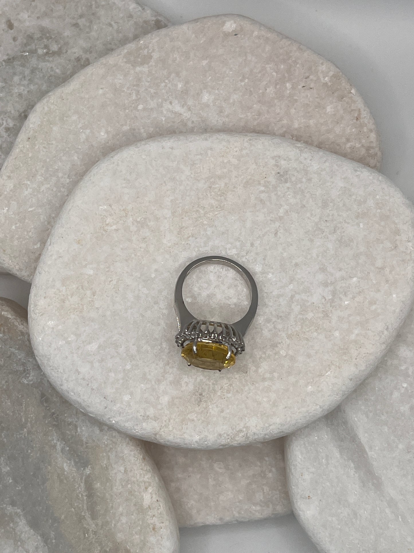 925 Sterling Silver Citrine White Topaz Halo Ring Size P