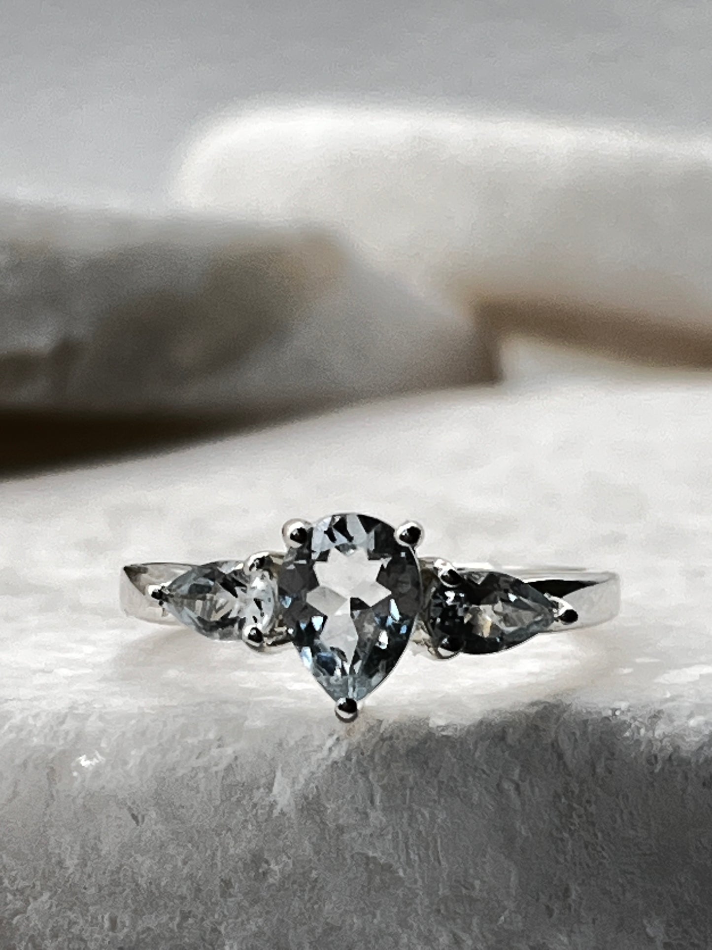 925 Sterling Silver Aqua Marine Trilogy Ring Size L