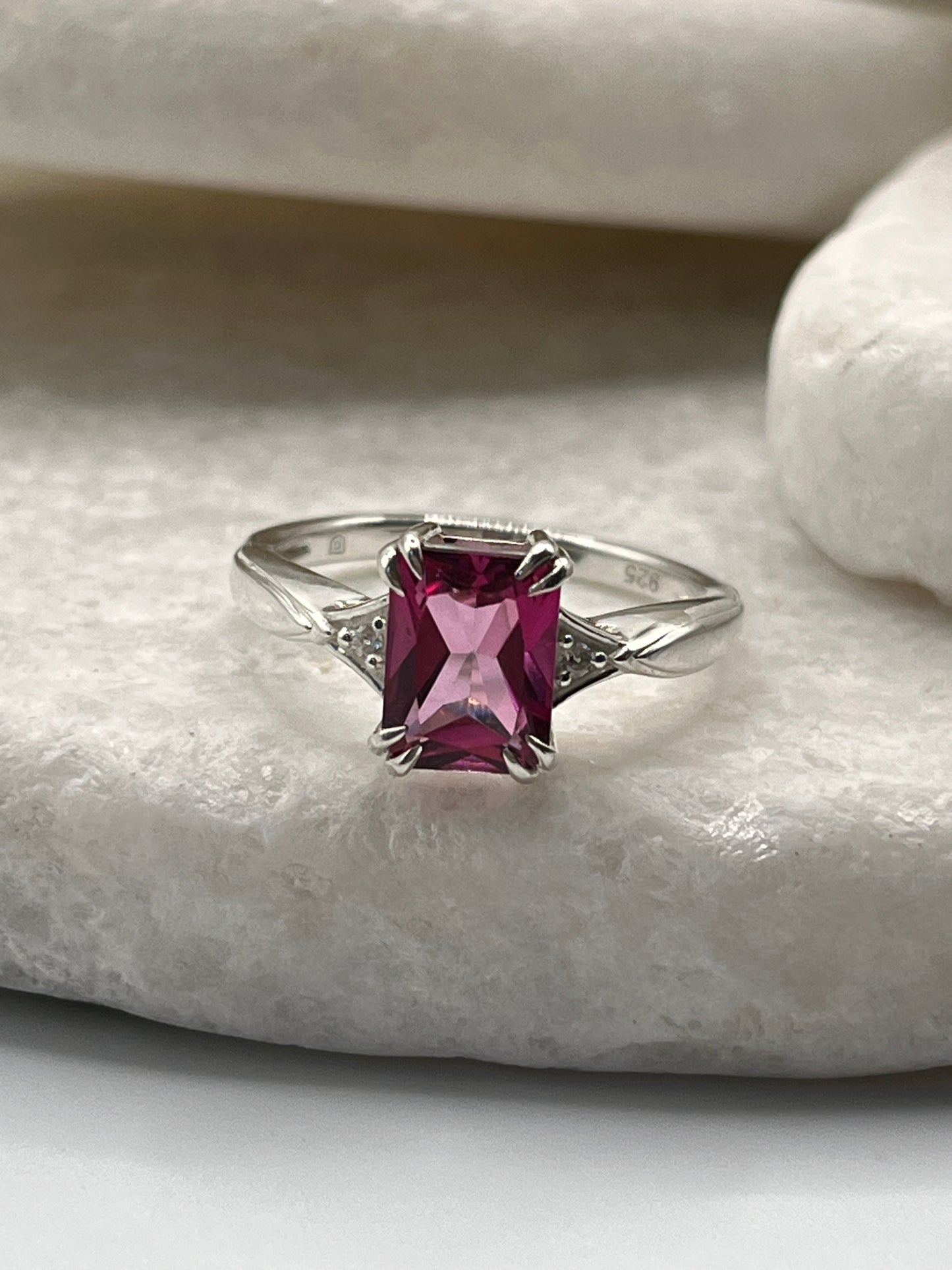 925 Sterling Silver Emerald Cut Pink Topaz Ring Size L