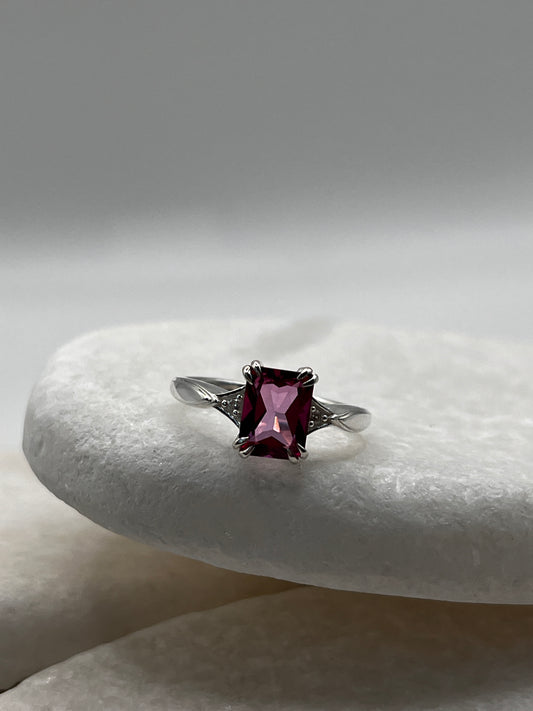 925 Sterling Silver Emerald Cut Pink Topaz Ring Size L