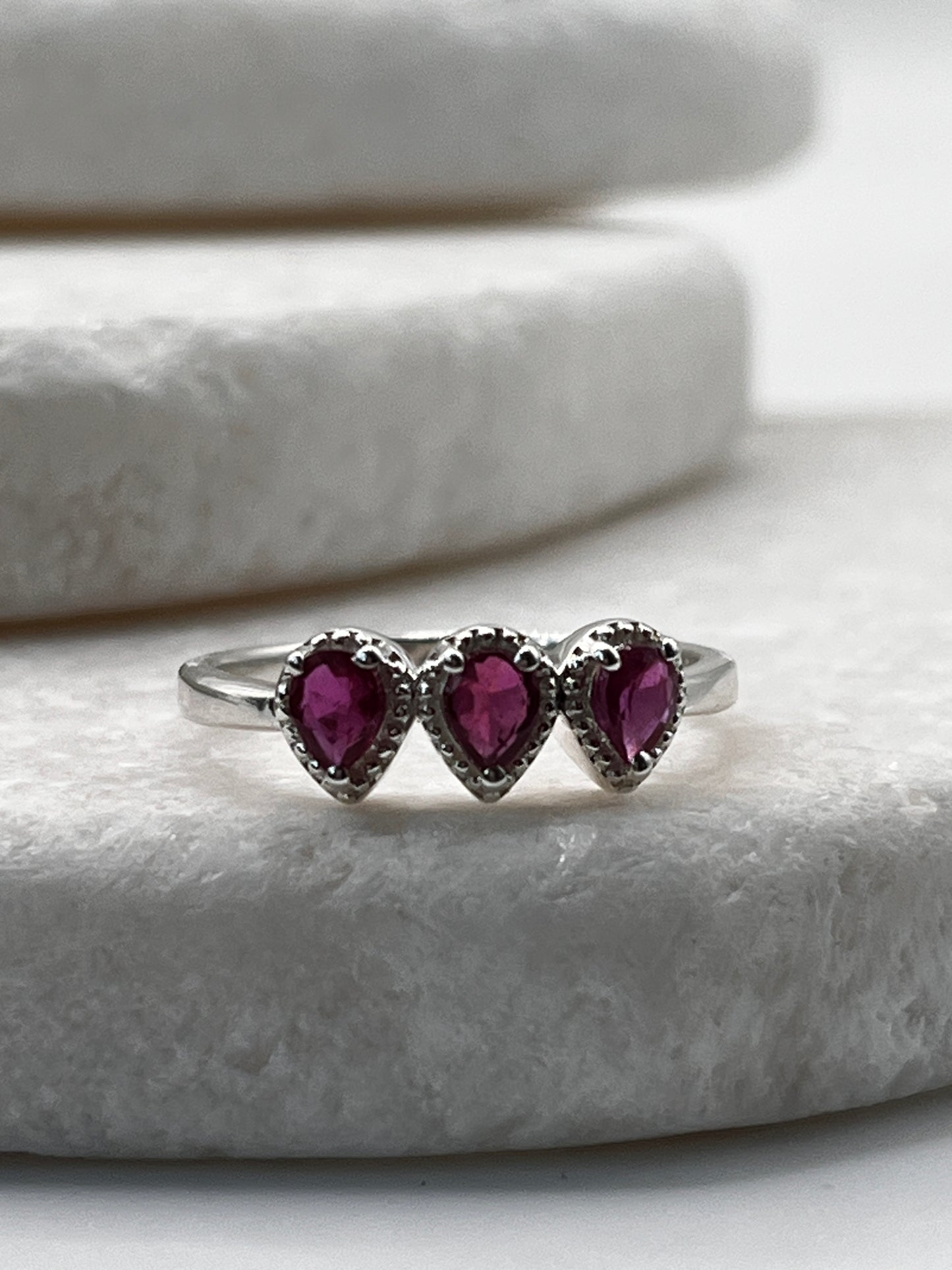 925 Sterling Silver Ruby Trilogy Ring Size L