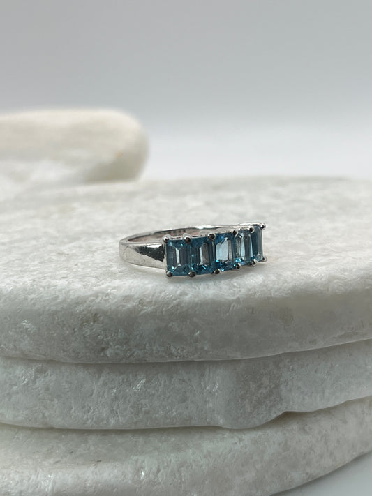 925 Sterling Silver Swiss Blue Topaz Five Piece Half Eternity Ring - Size N