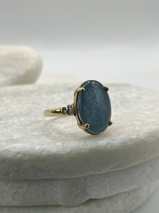 925 Sterling Silver Opal Triplet Diamond Shoulders Gold Plate Ring - Size S