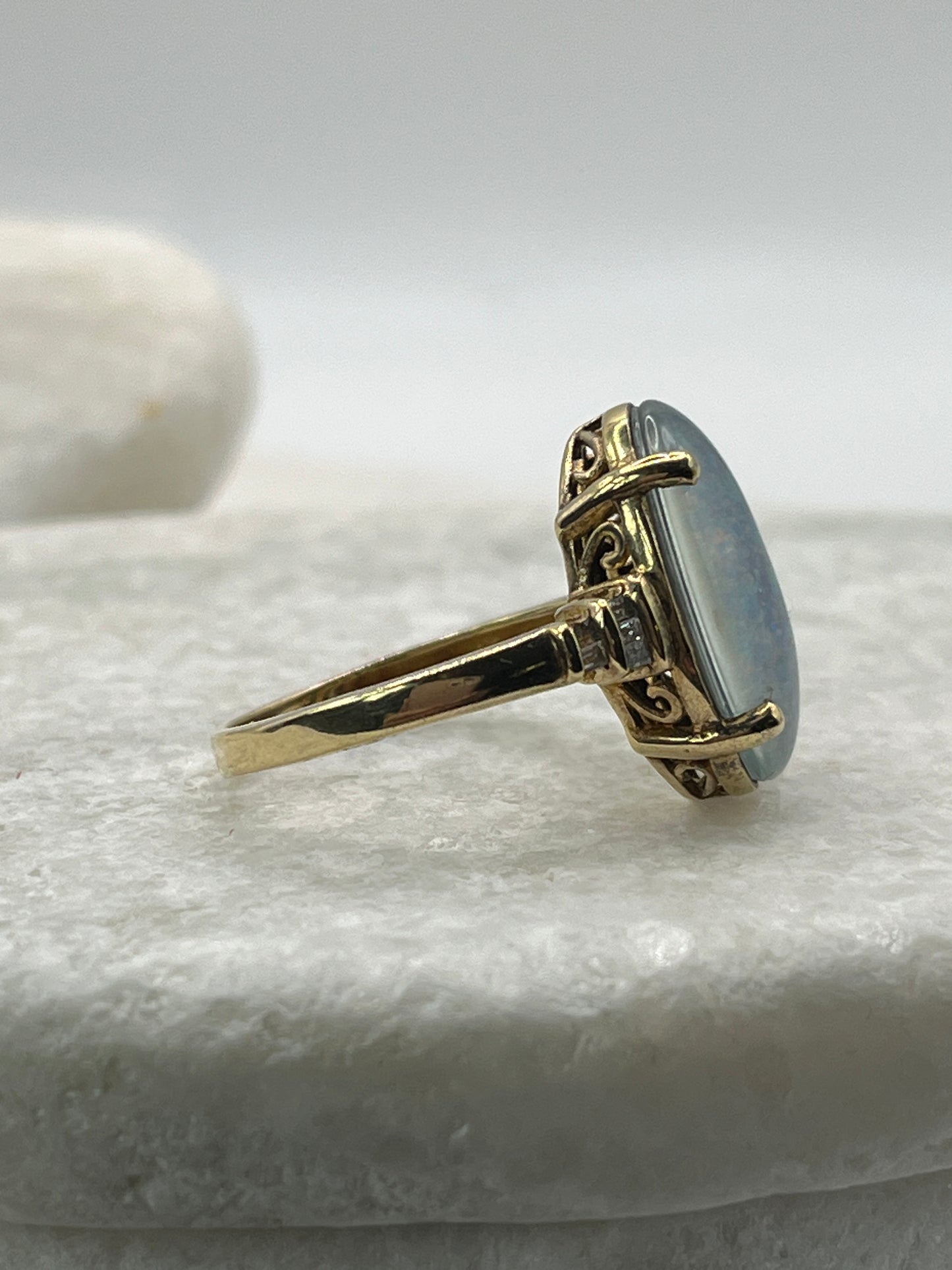 925 Sterling Silver Opal Triplet Diamond Shoulders Gold Plate Ring - Size S