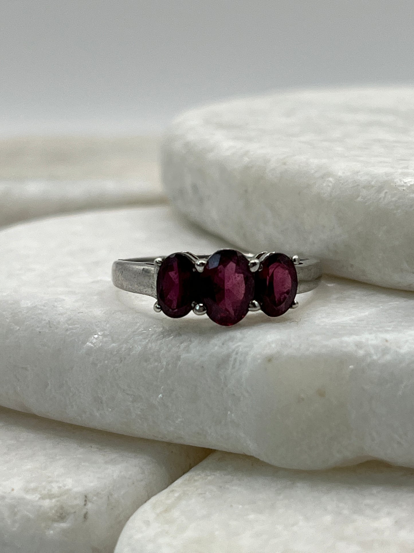 925 Sterling Silver Trilogy Garnet Ring- Size R