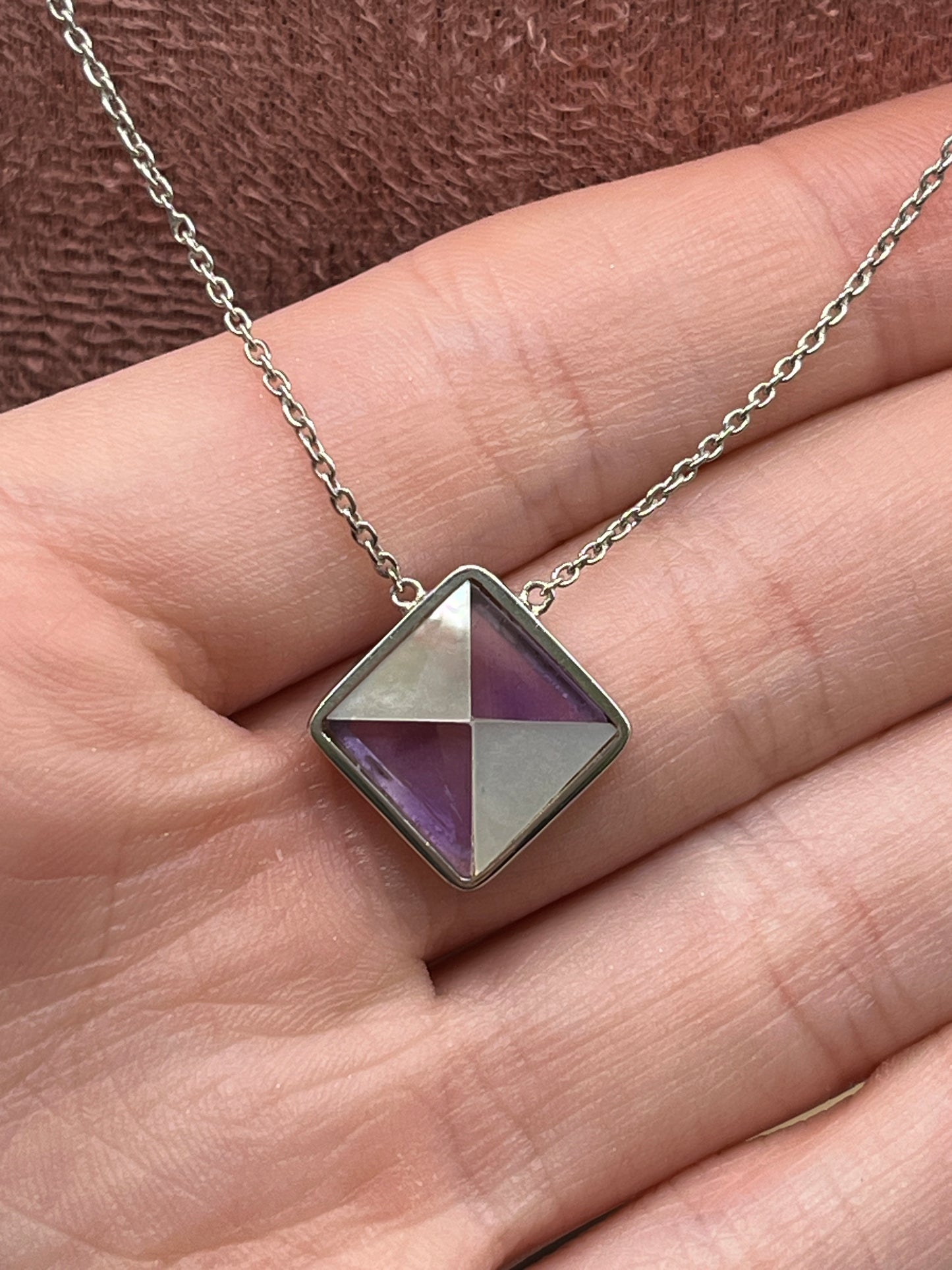 Vintage 925 Sterling Silver Mother of Pearl & Amethyst Square Pendant