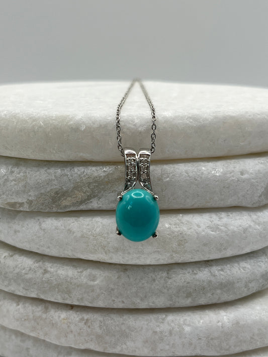 925 Sterling Silver Sleeping Beauty Turquoise and White Zircon Pendant On 45cm Chain