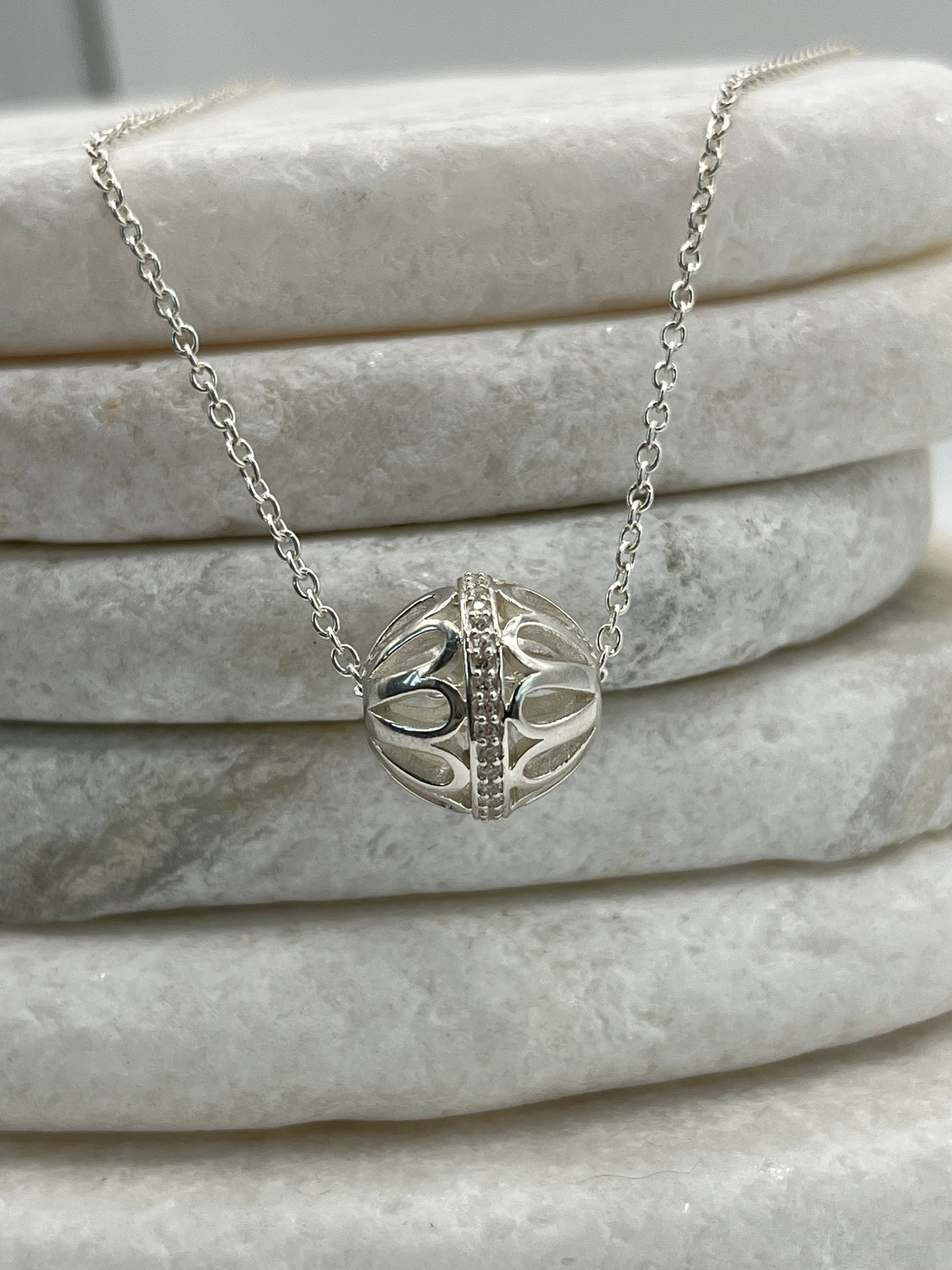 925 Sterling Silver White Zircon Filigree Ball Pendant on 45cm Sterling Silver Chain