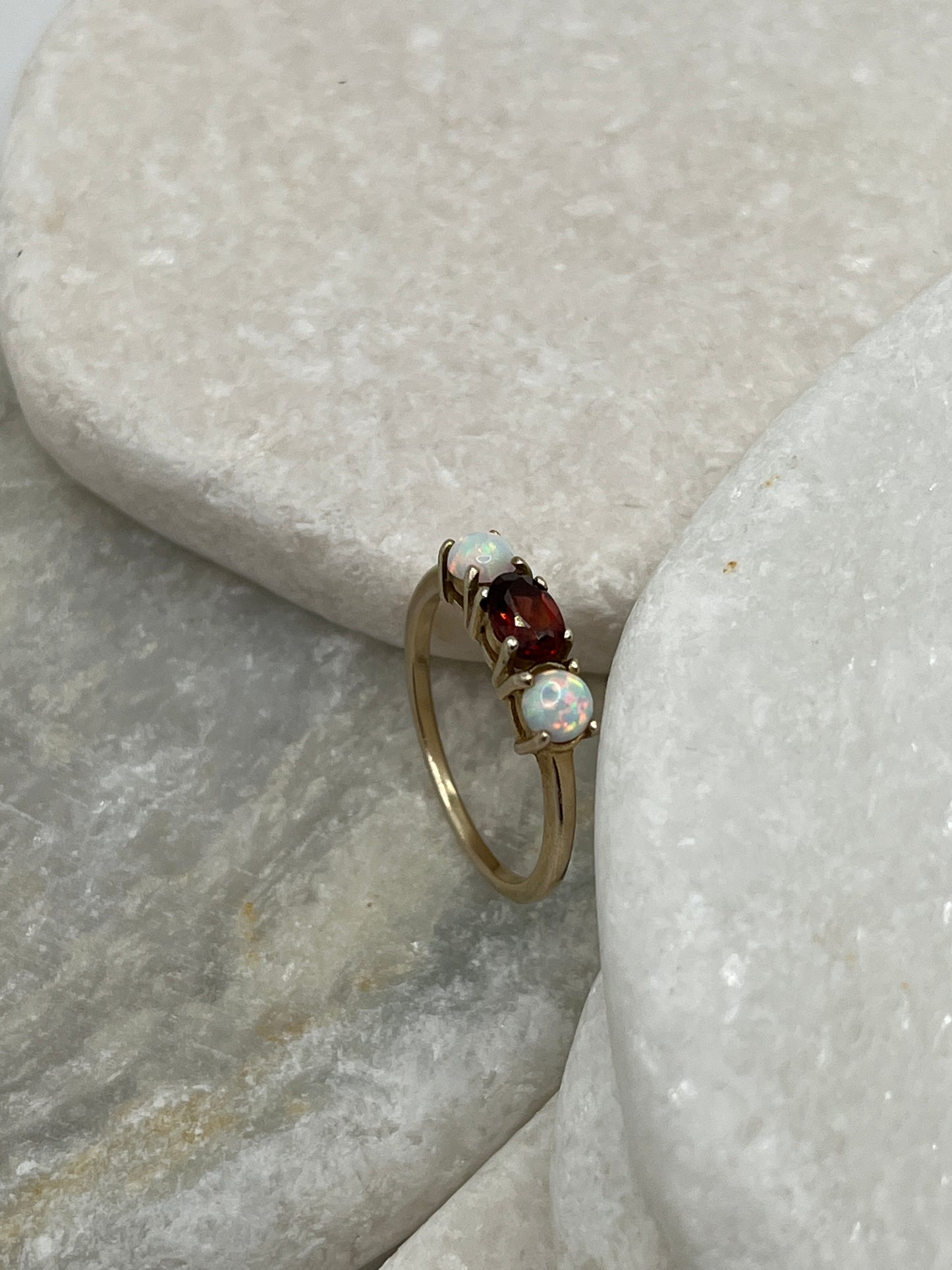 925 Sterling Silver Opal and Garnet Gilded Trilogy Ring - Size O