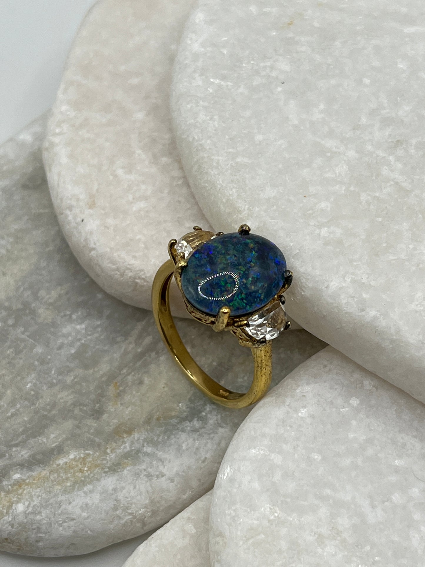 925 Sterling Silver Gilded Triplet Opal with White Topaz - Size T