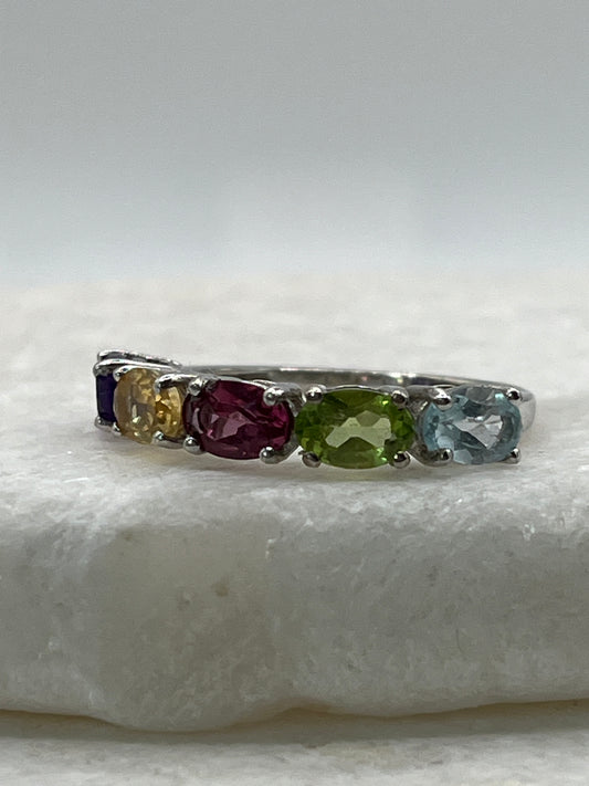 925 Sterling Silver Multi Gemstone Half Eternity Band Ring includes Amethyst, Citrine, Garnet, Peridot and Blue Topaz - Size P