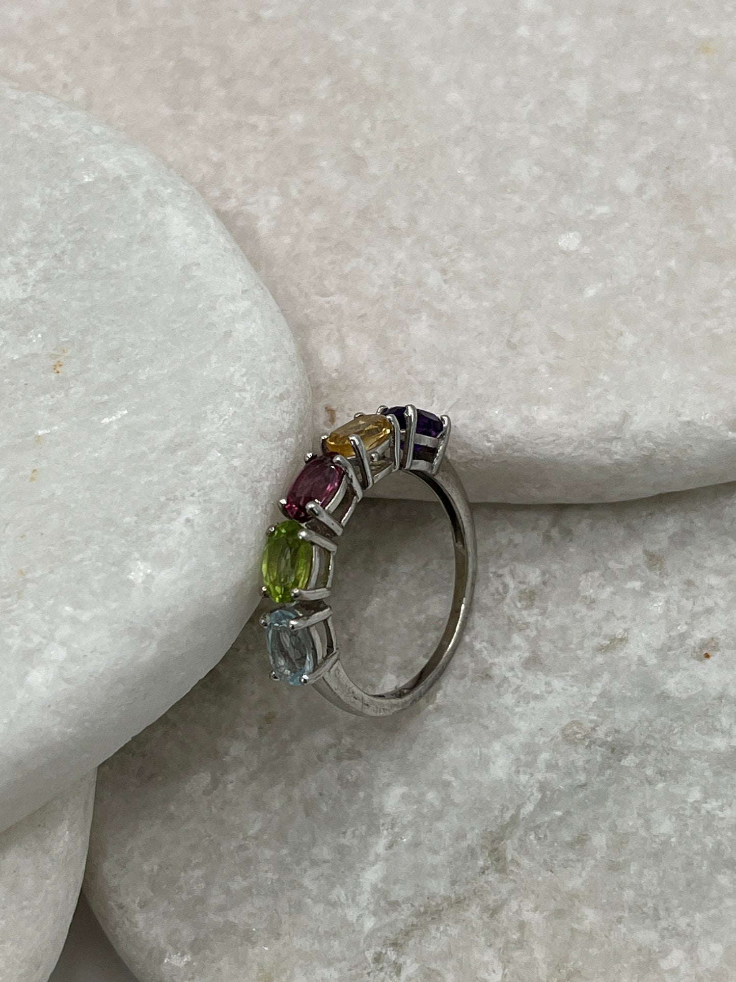 925 Sterling Silver Multi Gemstone Half Eternity Band Ring includes Amethyst, Citrine, Garnet, Peridot and Blue Topaz - Size P