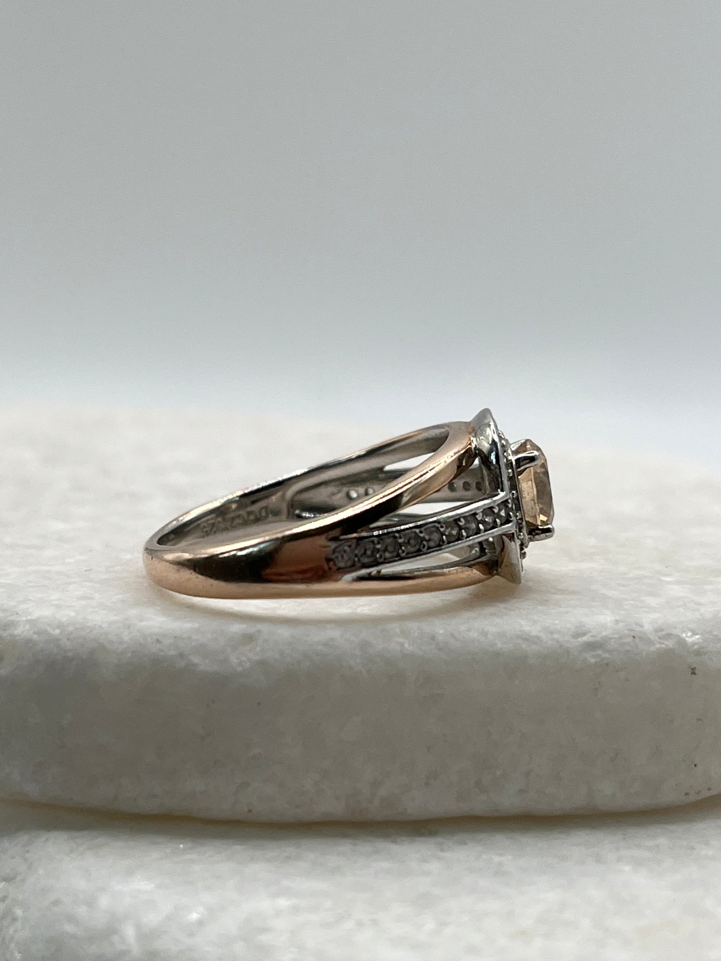 925 Sterling Silver Pink Gold Gilded Champaign Quartz Statement Ring - Size R
