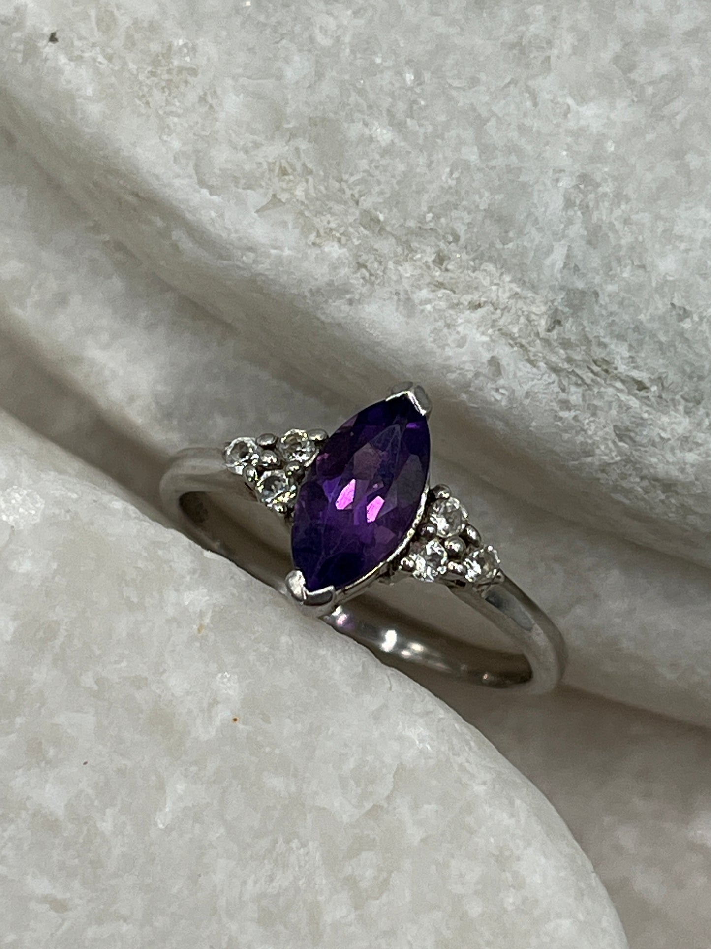 925 Sterling Silver Amethyst Marquise Ring - Size Q