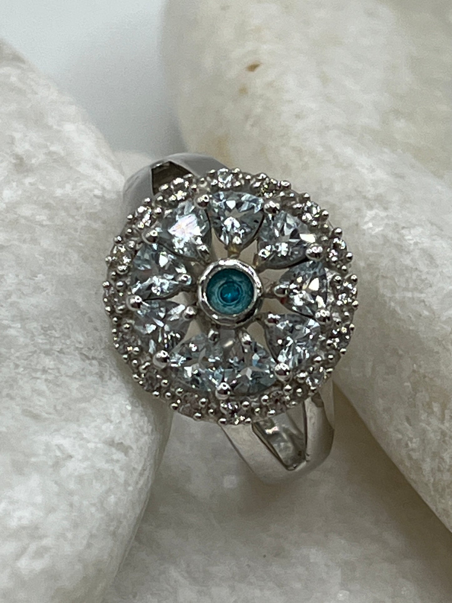 925 Sterling Silver Aquamarine White Zircon And Blue Topaz Ring - Size M