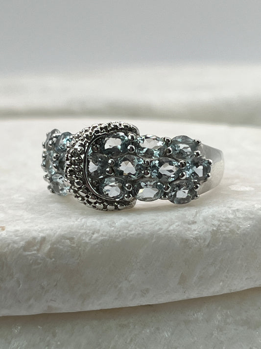 925 Sterling Silver Aquamarine and Diamond Buckle Ring - Size Q