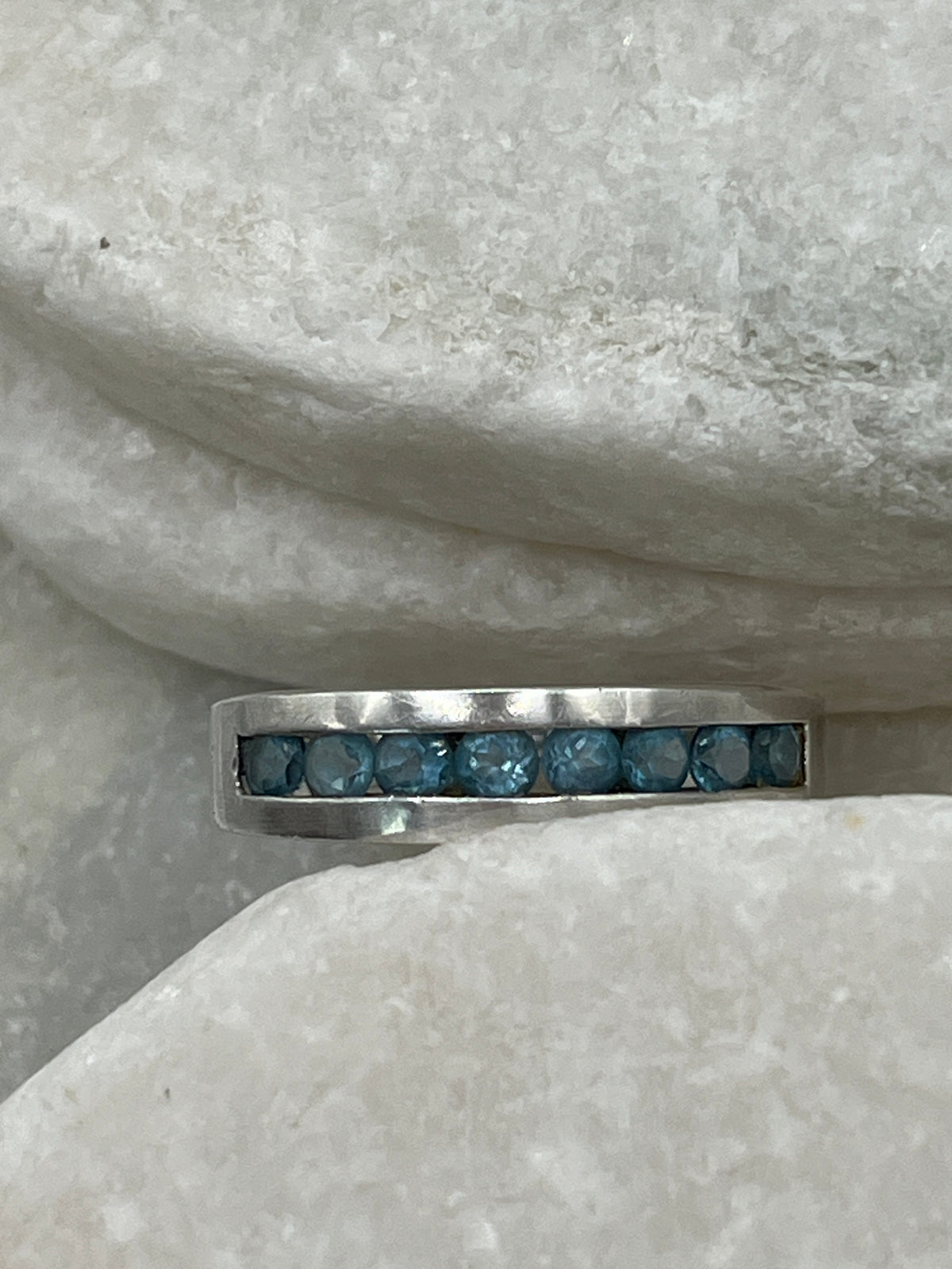 925 Sterling Silver Swiss Blue Topaz Half Eternity Band Ring - Size P.5
