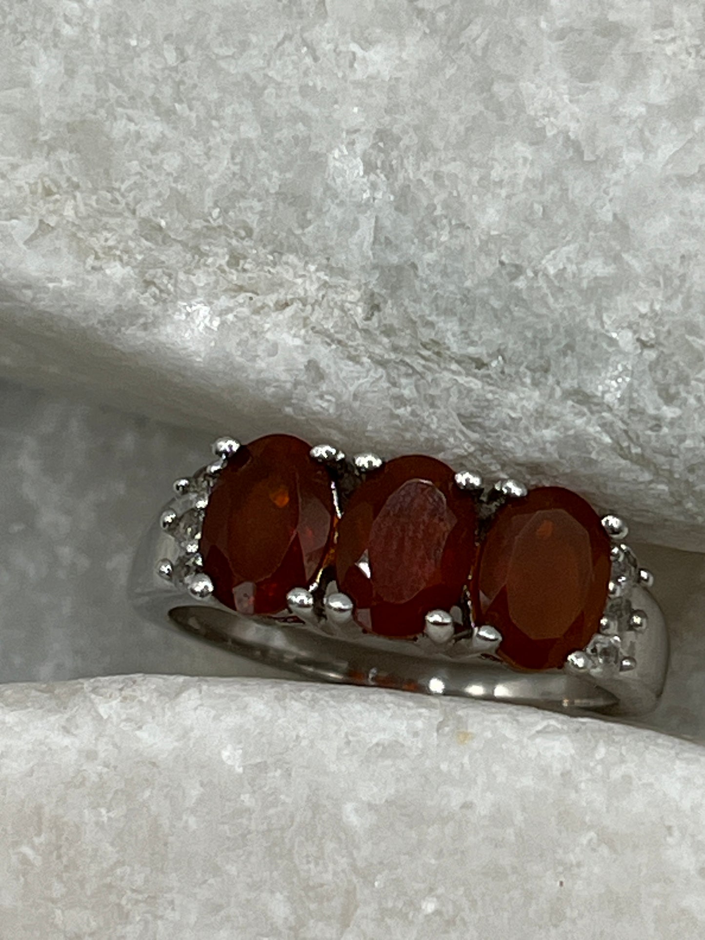 925 Sterling Silver Fire Opal & Diamond Trilogy Ring - Size Q