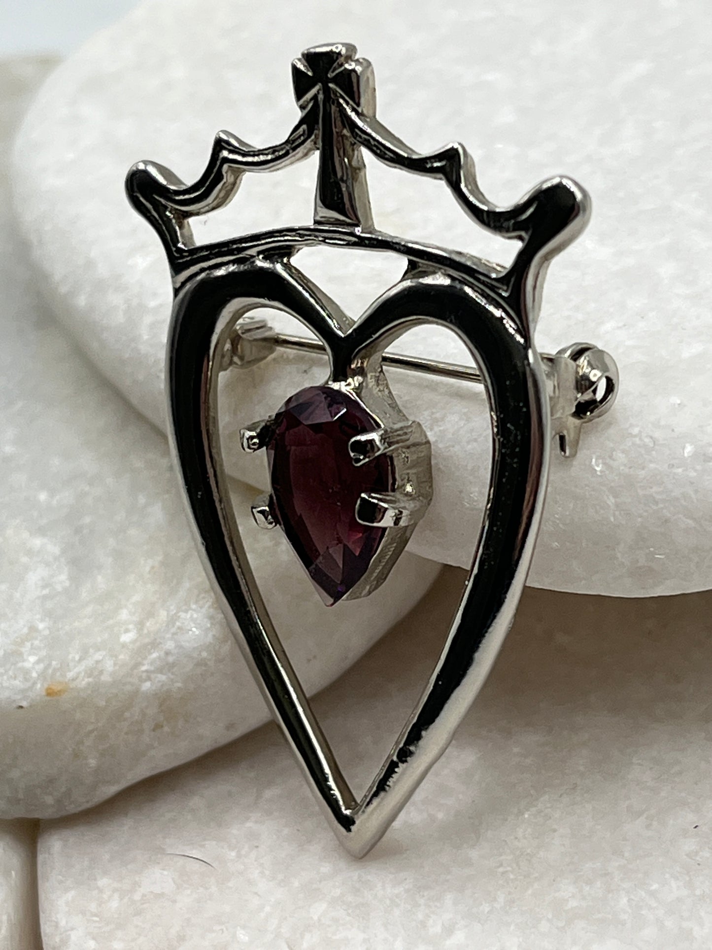 Vintage Scottish Luckenbooth, Love & Loyalty Amethyst Heart Brooch with Crown