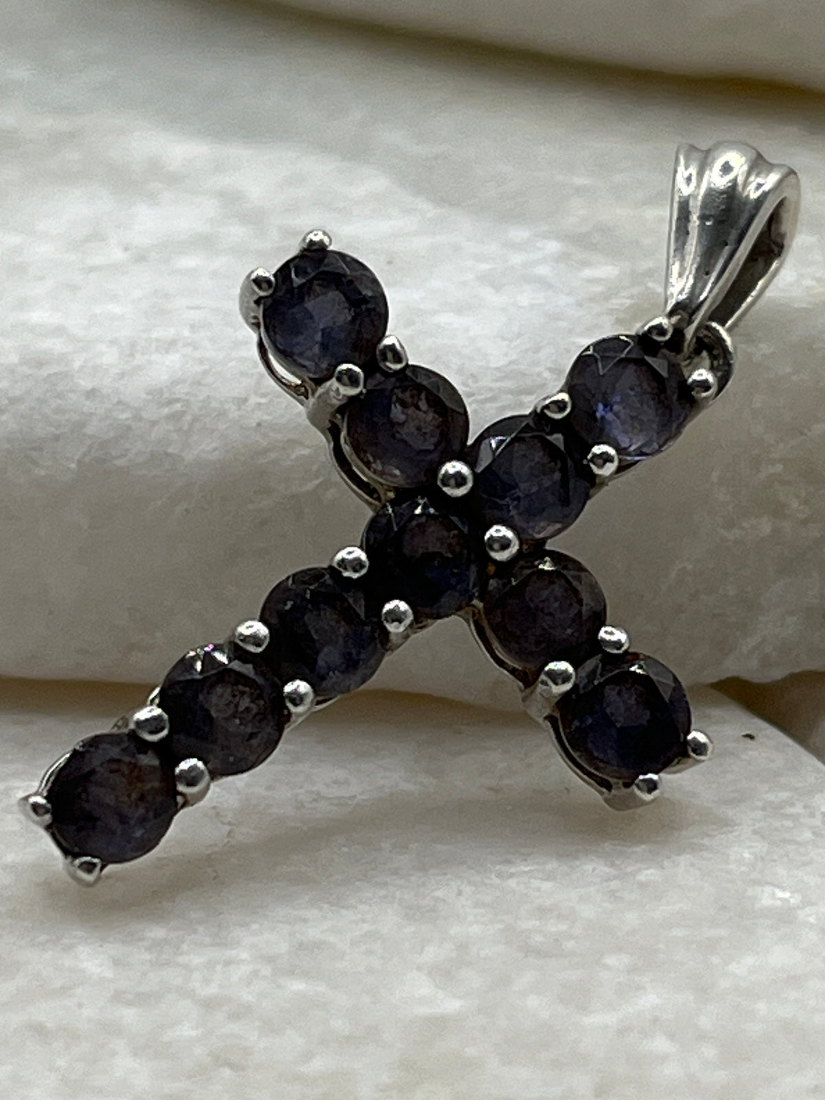 925 Sterling Silver Iolite Gemstone Cross Pendant on 45cm Chain