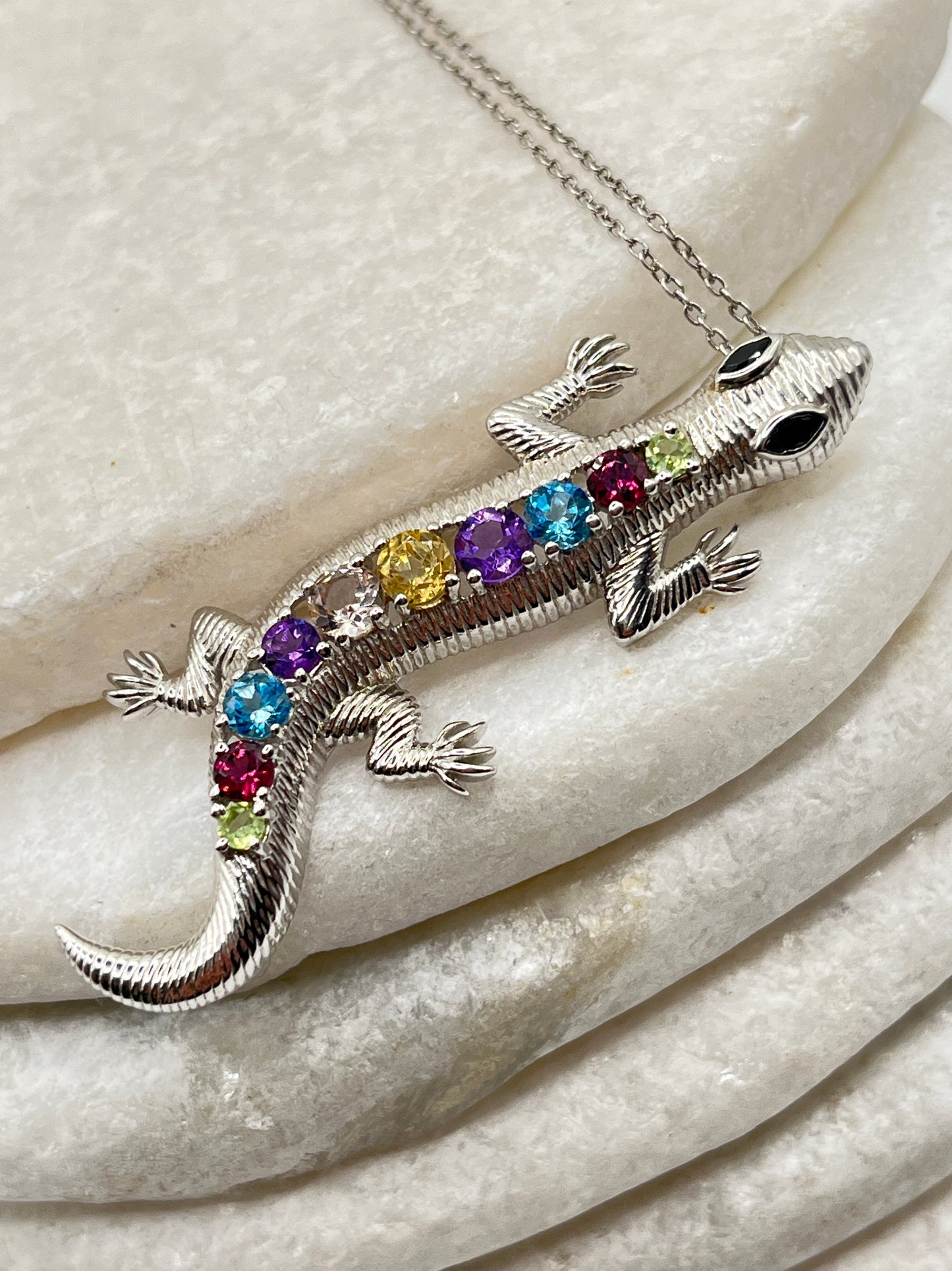 925 Sterling Silver Multi Gemstone Slinky Lizard Pendant With Amethyst, Blue Topaz, Garnet, Morganite, Black Spinel Stones