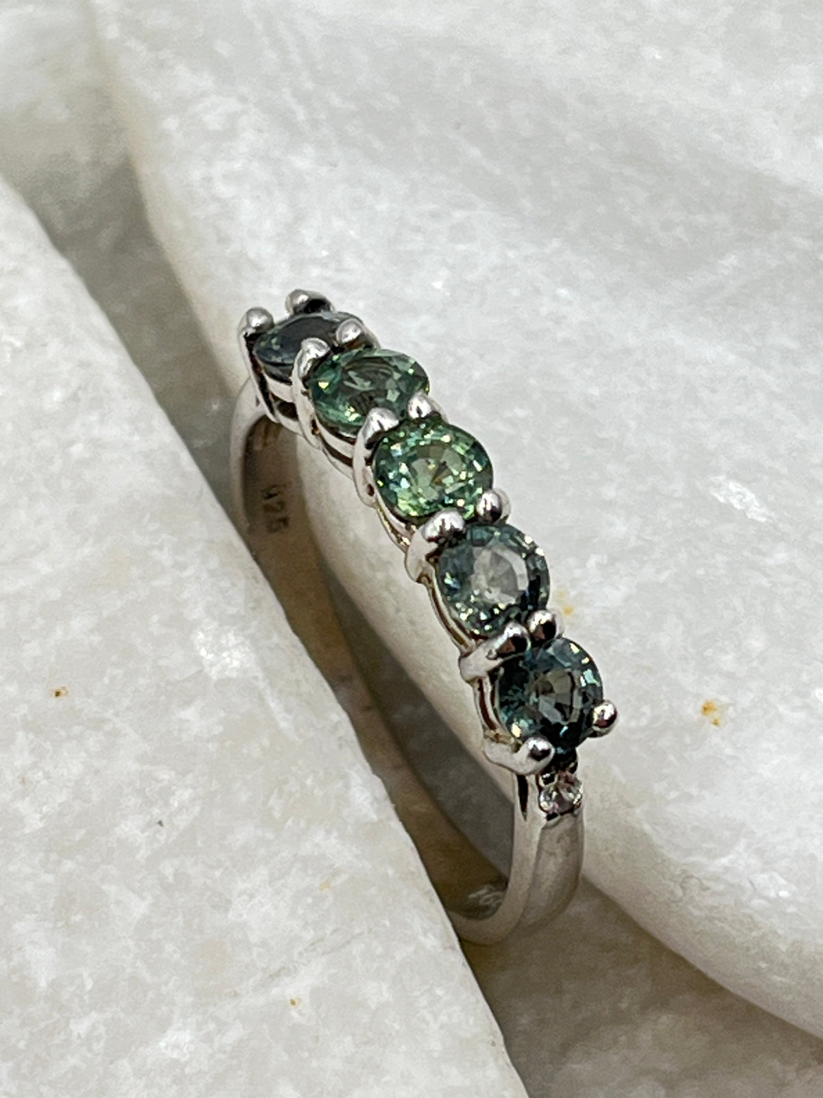 925 Sterling Silver Tunduru Colour Changing Sapphire Five Stone Half Eternity Ring Band - Size - P.5