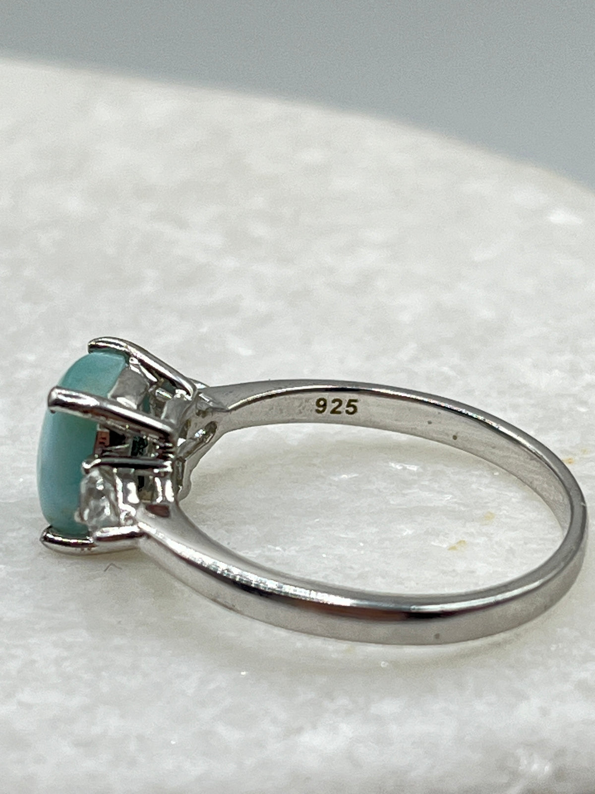 Vintage 925 Sterling Silver Larimar and White Topaz Trilogy Ring - Size O