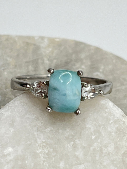 Vintage 925 Sterling Silver Larimar and White Topaz Trilogy Ring - Size S