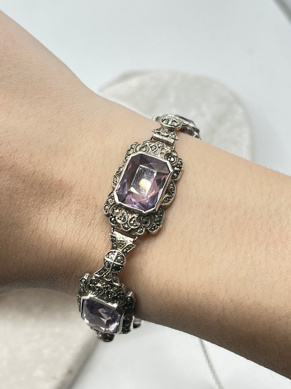 925 Sterling Silver Amethyst And Marcasite Bracelet - 19cm