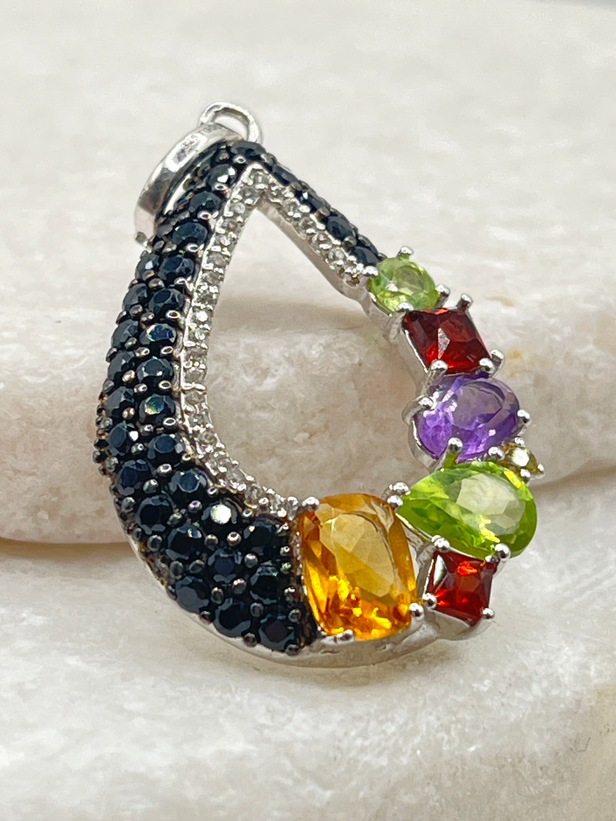 925 Sterling Silver Black Spinel and Multi Gemstone Teardrop Pendant on 45cm Sterling Silver Chain