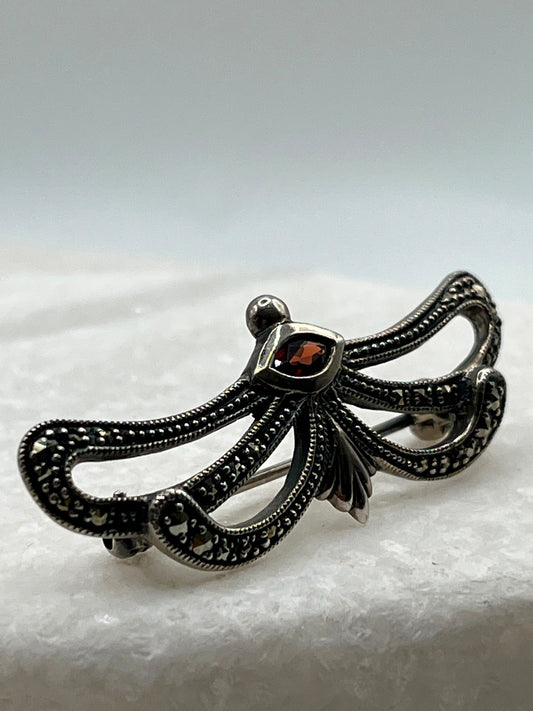 Vintage 925 Sterling Silver Amber & Marcasite Octopus Brooch