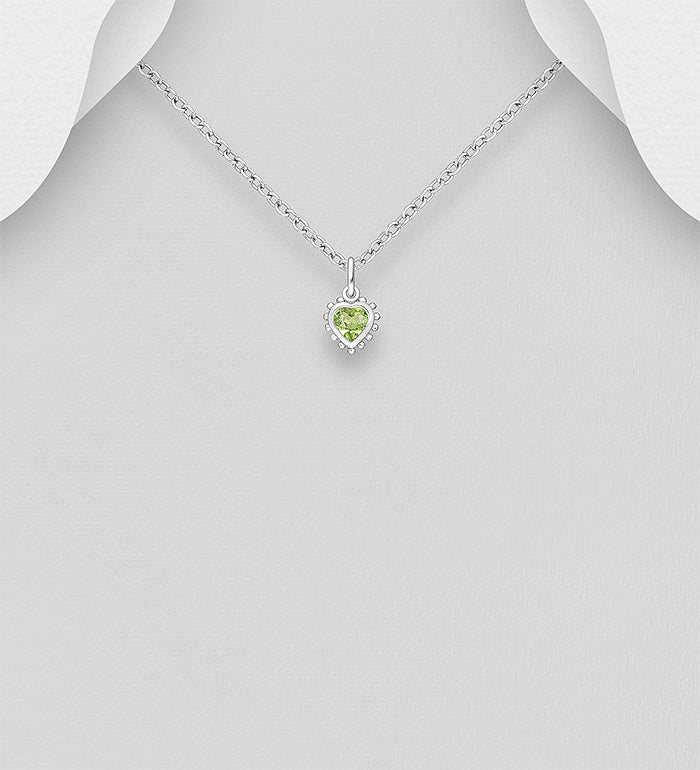 925 Sterling Silver Heart Pendant, Decorated with Peridot